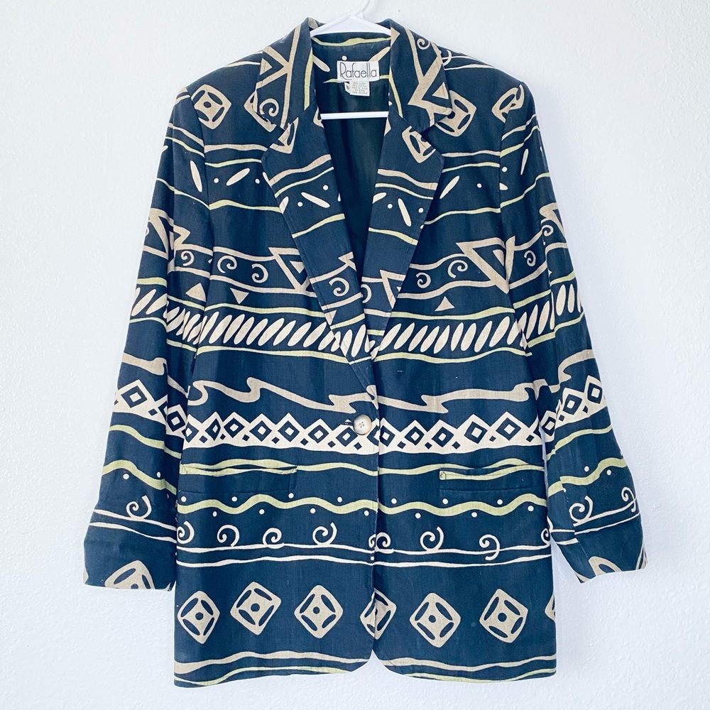 Rafaella Vintage Boho Aztec Linen Cotton Blend Single Button Oversized Blazer 10 - Picture 1 of 10
